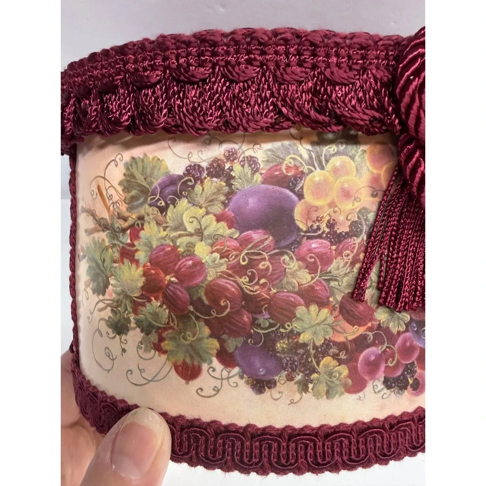 Vintage Glynda Turley 1993 Fruit Motif Decorative Hat Box Burgundy Tassel Oval